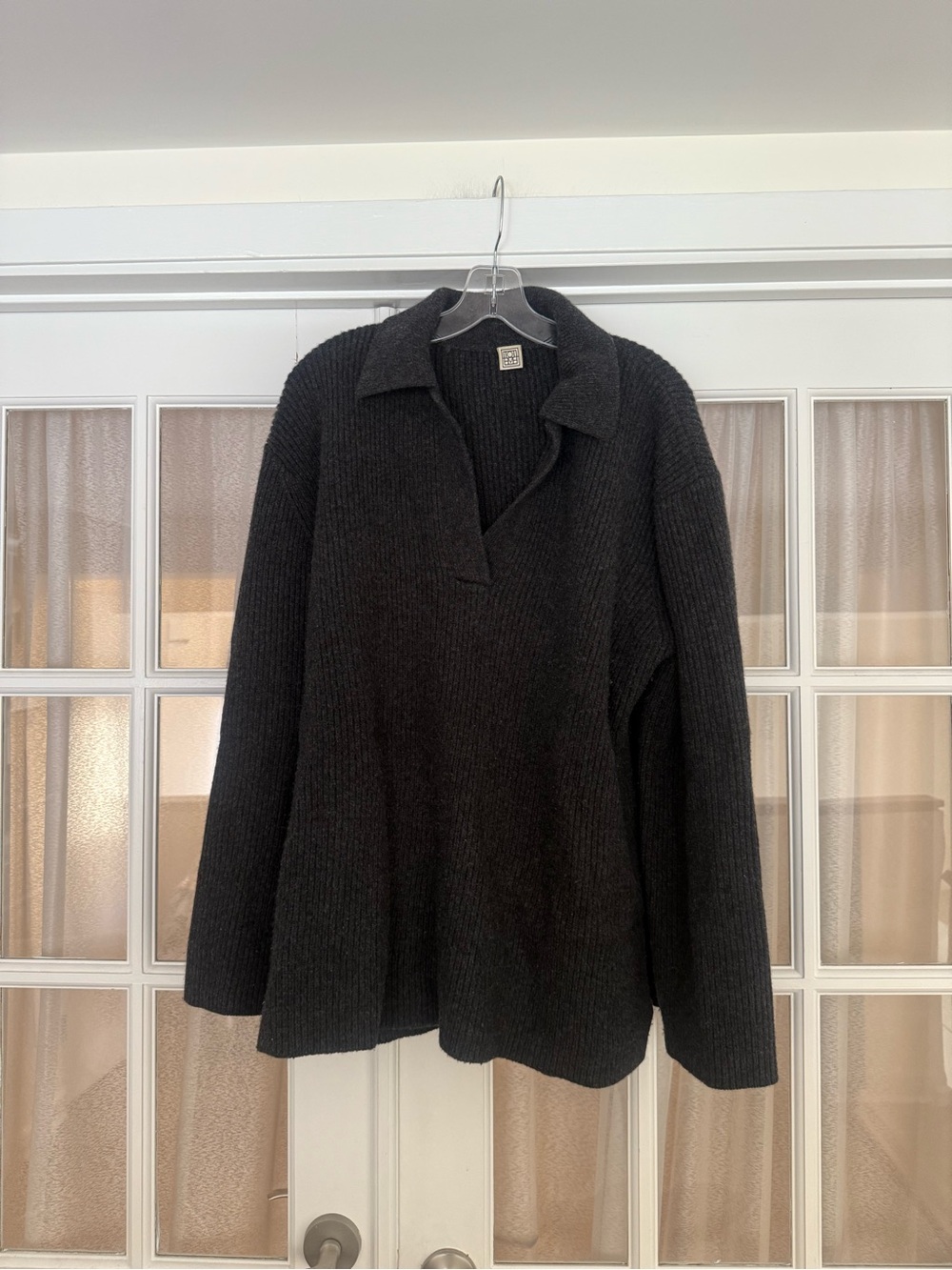 Toteme Charcoal Wool Cashmere Heavyweight Ribbed Collared Sweater